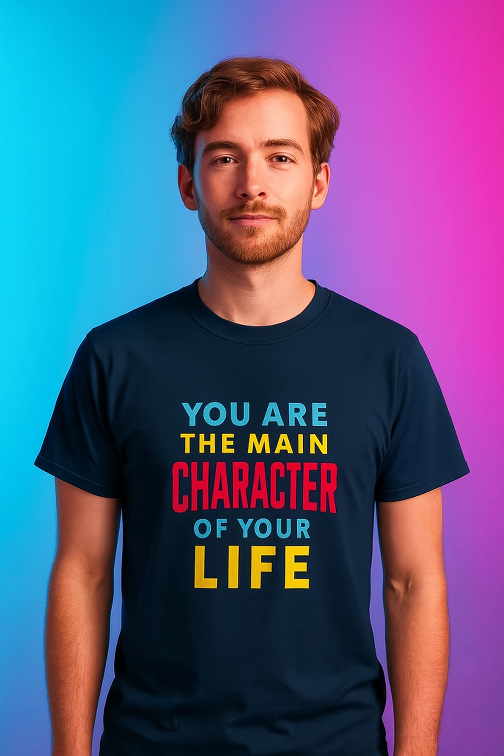 Main Character Energy – Retro Neon Typography Shirt